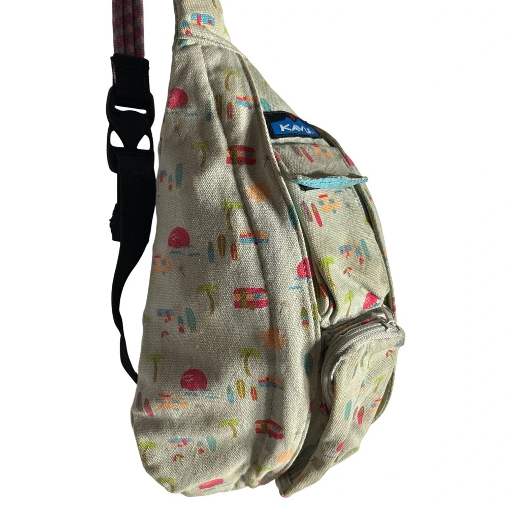 KAVU‎ Rope Bag Sling Backpack Summer Beach Camper Print Canvas Tan Pink Blue